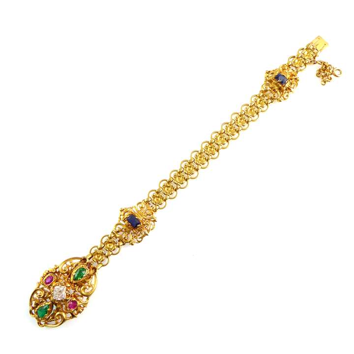 Gold, diamond, ruby, emerald and sapphire set bracelet of renaissance revival style